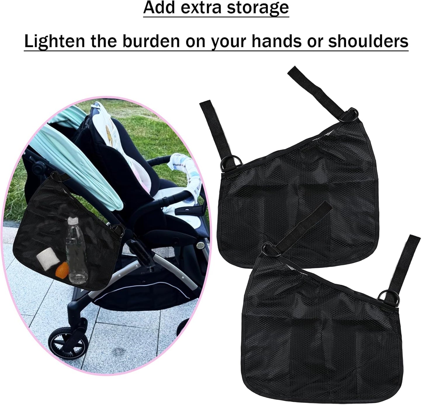 2PCS Universal Side Sling Stroller Cargo Net,Portable Storage Mesh Bag,Stroller Storage Organizer Bag,Non-Slip and Adjustable Straps Side Sling Mesh Organizer(Black)