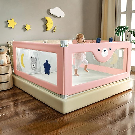3-Piece Bed Rail for Toddlers, Foldable Baby Bed Rail Guard, Adjustable, Safety, Convenient Bed Rails, Guard Rails for Twin, Full, Queen& King Size (Pink Cartoon, 59x78.7x78.7 Inch)
