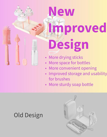 Travel Bottle Cleaner kit, 7in1 Baby Travel Gear Essential Silicone Travel Bottle Brush Set Nipple Drying Rack, Straw Breast Pump Cleaning Soap Dispenser Organizer Case Mon Gift (Pink)
