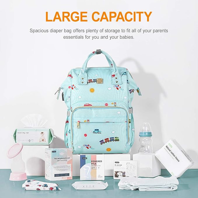 Diaper Bags Backpack Baby Bag for Mom Dad Baby Girls Boy, Cute Mult Diaper Nappy Bag Travel Back Pack,Waterproof Maternity Changing Bag Baby Stuff with USB Charging Port Stroller Straps Large Blue
