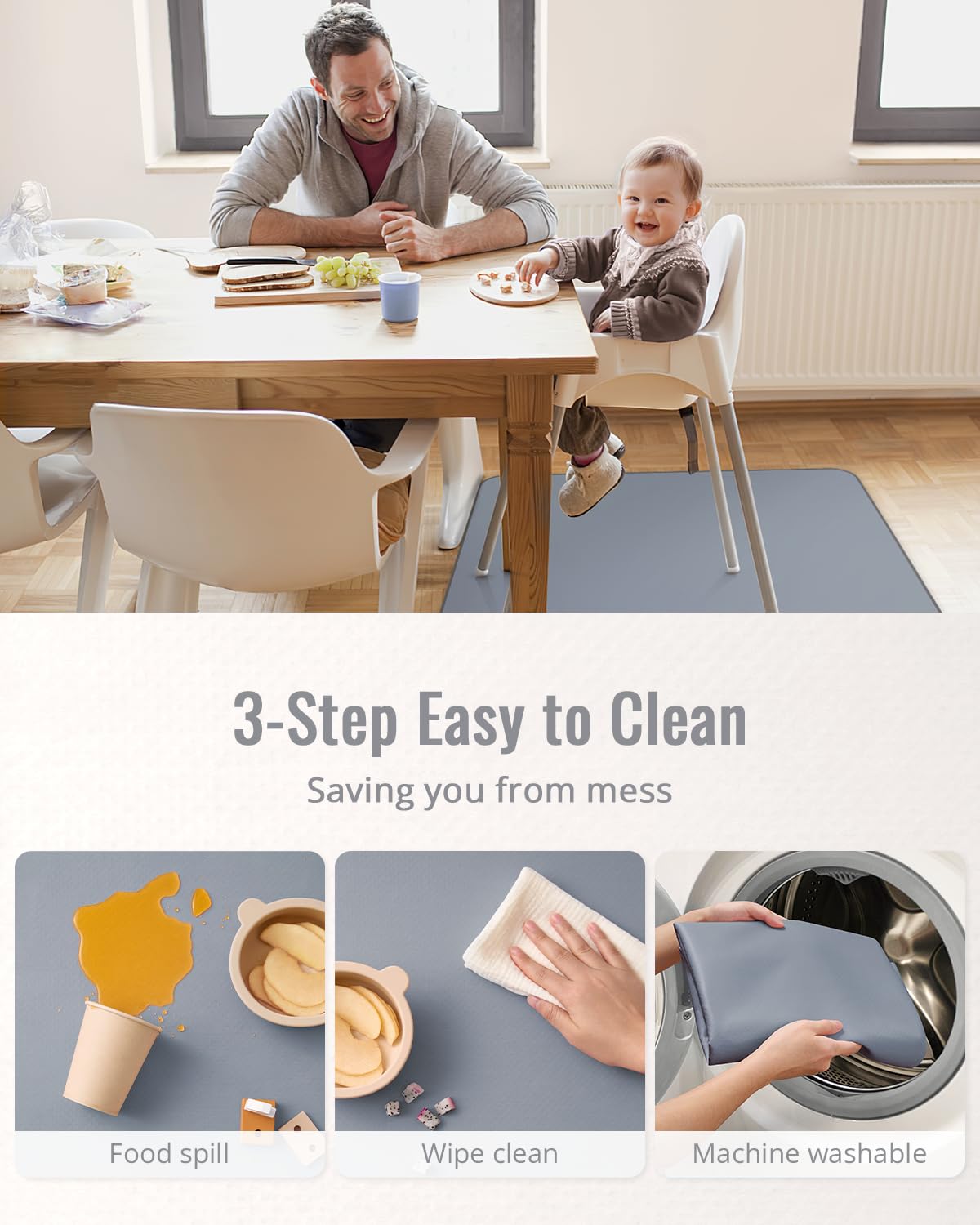 Blissful Diary Baby Splat Mat for Under High Chair, 50.4 x 50.4 Inch Wipeable Splash Mat, Waterproof and Washable, Anti-Slip Floor Protector, Retro Rainbow