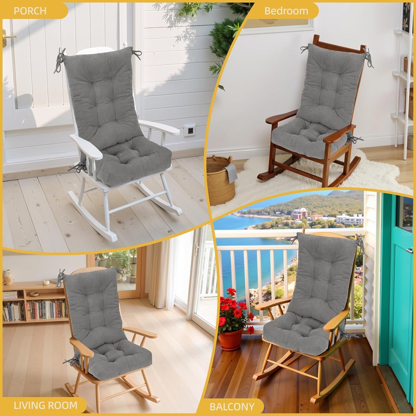 Millsilo Rocking Chair Cushions 3-Piece Set with Neck Pillow, Indoor Rocker Comfortable Tufted Non-Slip Pads with Ties, High-Density Foam Cushion for Adirondack Glider Chair, Orange, 52 x 19 x 4 Inch