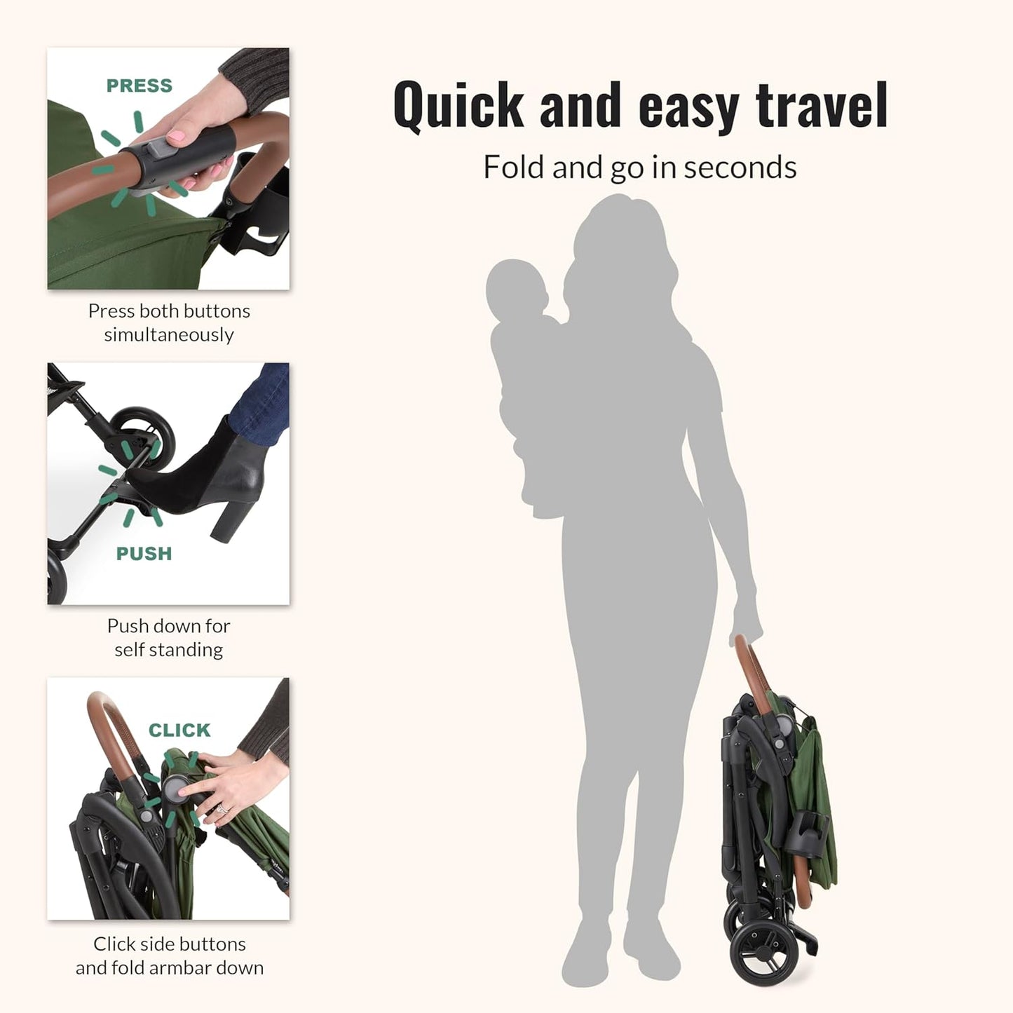 Dream On Me Rio Glide Ultra-Light Compact Stroller, One-Hand Self-Standing Fold, Adjustable Backrest & Footrest, 5-Point Harness, Cup Holder, Suspension Wheels with Storage Basket - Forest Green