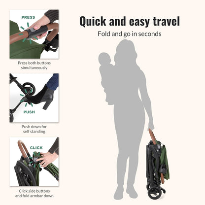 Dream On Me Rio Glide Ultra-Light Compact Stroller, One-Hand Self-Standing Fold, Adjustable Backrest & Footrest, 5-Point Harness, Cup Holder, Suspension Wheels with Storage Basket - Forest Green