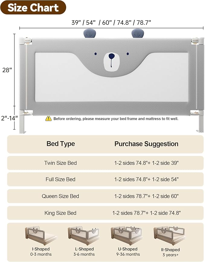 Baby Bed Rail Guard for Toddlers, Reinforced 54in Toddler Bed Rails for Full Bed with Height Adjustable, Extral Tall Child Safety Side Railing Guards/Bedrail for Kids, Grey Bear, 1 Side 54" Lx28 H