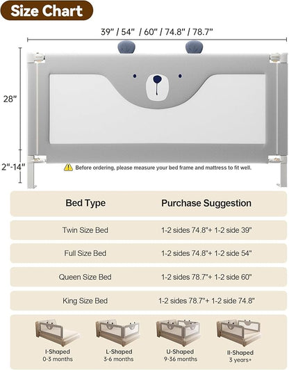 Baby Bed Rail Guard for Toddlers, Reinforced 54in Toddler Bed Rails for Full Bed with Height Adjustable, Extral Tall Child Safety Side Railing Guards/Bedrail for Kids, Grey Bear, 1 Side 54" Lx28 H