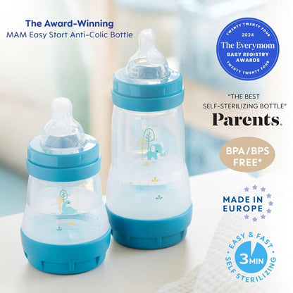MAM Grow with Baby Anti-Colic Bottle Set – 4 Easy Start Bottles (5oz & 9oz) with Trainer Handles & Spout, Comfort Newborn Pacifier, Extra Bottle Bodies & Nipples, Self-Sterilizing Baby Feeding System
