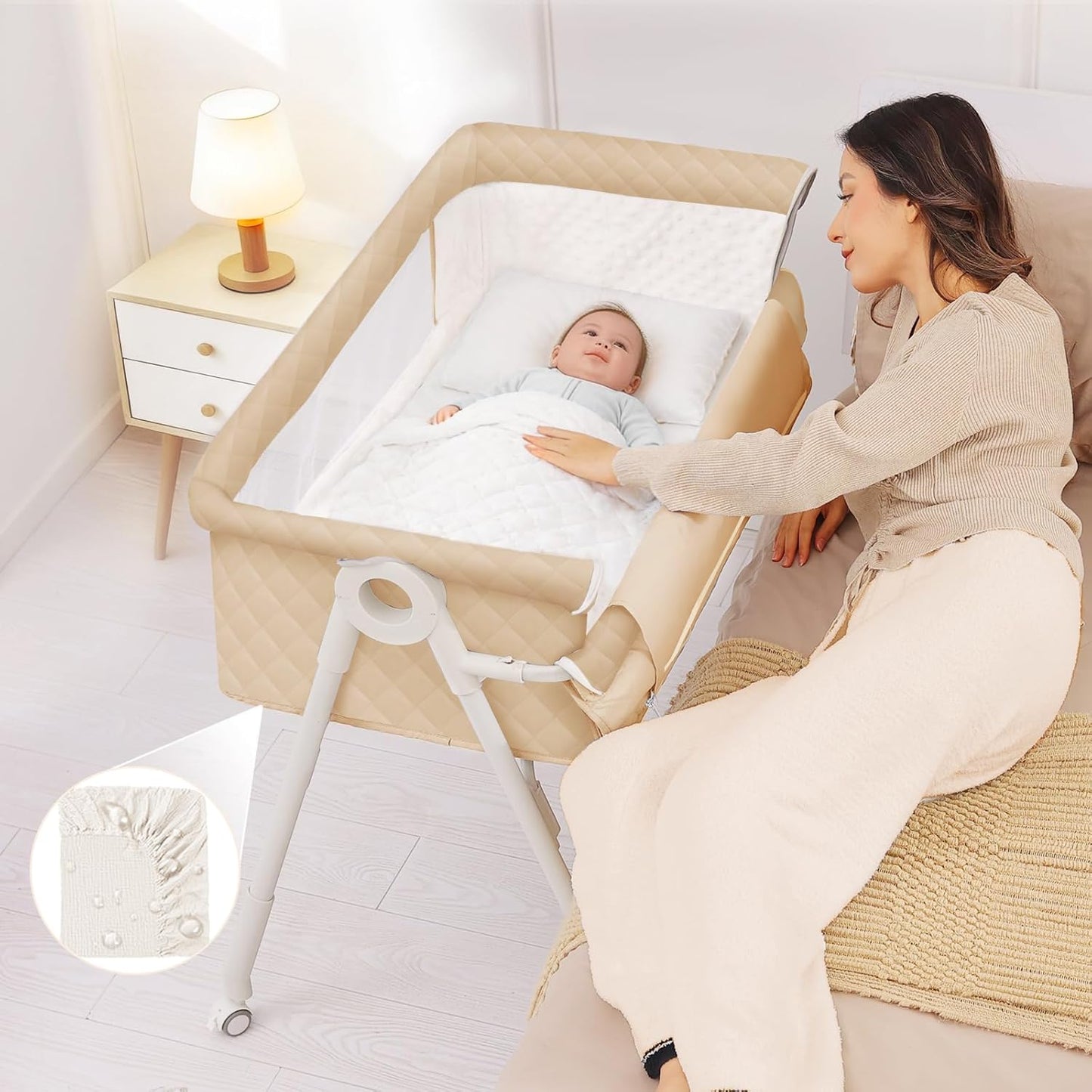Baby Bassinet Bedside Sleeper - Upgrade Safety Bassinets with Crib Sheet, Easy to Move, 4 Adjustable Height Bedside Bassinet for Infant Newborn, Cream | More Safer, Easy Move, Storage Bag, Waterproof Sheet, Storage Bag, Easy to Install