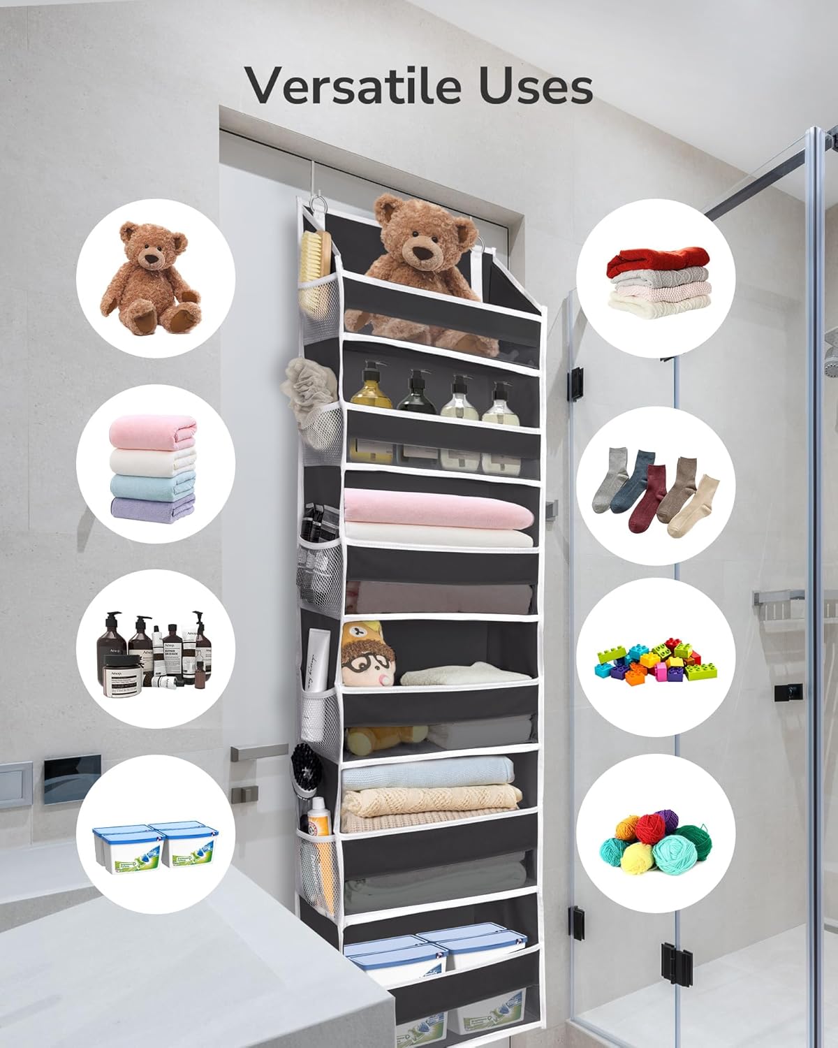 ULG 1 Pack Over Door Organizer with 5 Large and 10 Mesh Side Pockets, 44 lbs Weight Capacity Hanging Storage with Clear Window Kids Toys, Shoes, Diapers, Dark Grey, 5 Layers