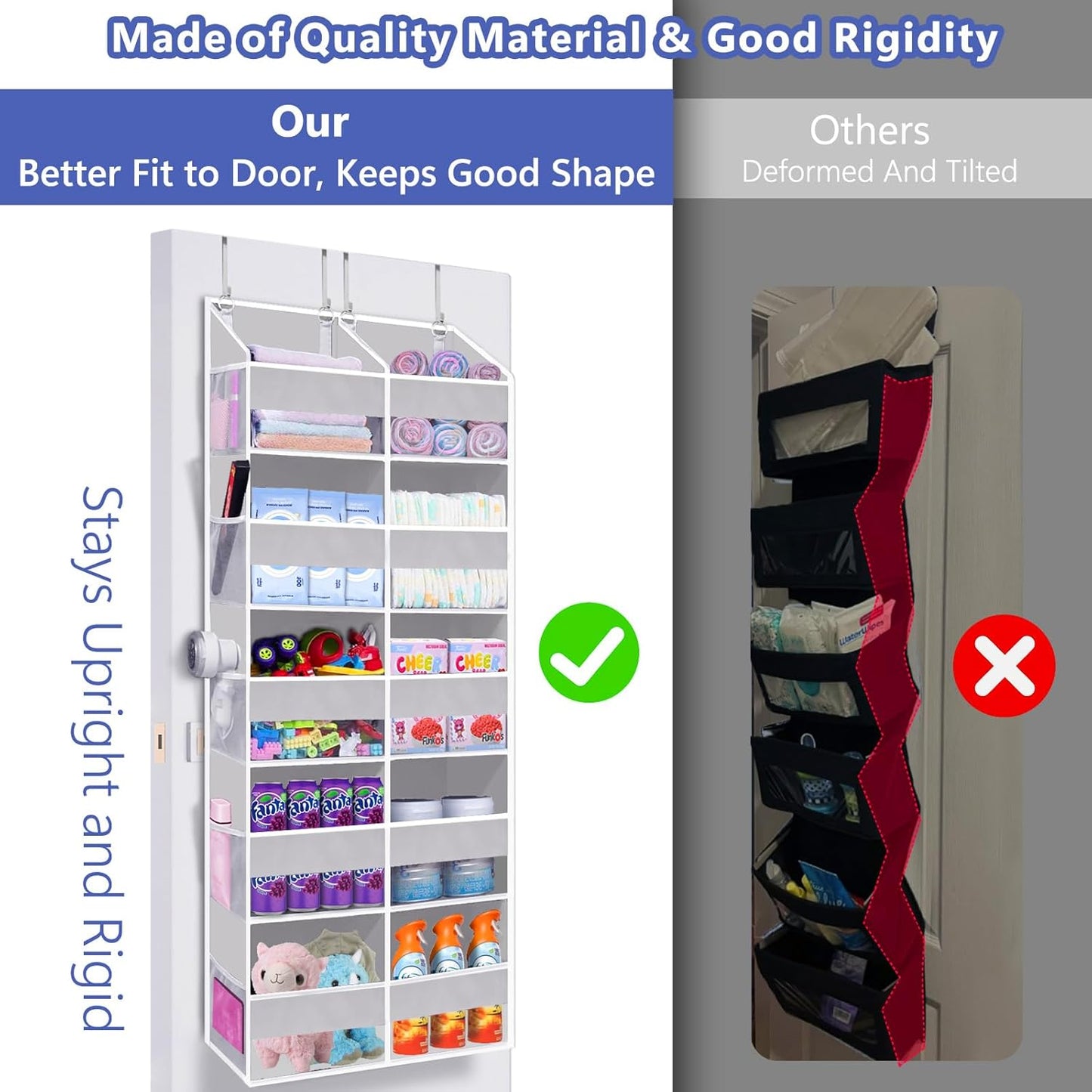 Heavy Duty Over The Door Organizer 5 Tiers, Extra Large Behind Door Storage of 10 Big Front & 10 Mesh Pockets, 80lb Weight Capacity, Hanging Doors Storage Organizer for Closet Bedroom Nursery, Grey