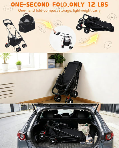 Pet Stroller with Removable Carrier, 35lbs Capacity - One-Click Foldable Dog Stroller, Cat Carrier & All-Terrain Wheels, Compact Travel Pet Stroller for Small to Medium Pets-Gray