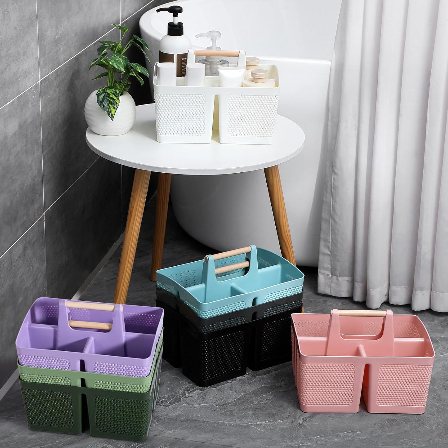 rejomiik Portable Shower Caddy Basket Plastic Cleaning Caddy Organizer Storage Tote with Handle for Bathroom, College, Dorm Room Essentials, White