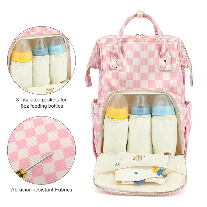 Baby Diaper Bag Backpack for Mom, Large Capacity Travel Nappy Bag for Boys & Girls with Stroller Straps (Corduroy Checkered Pink)
