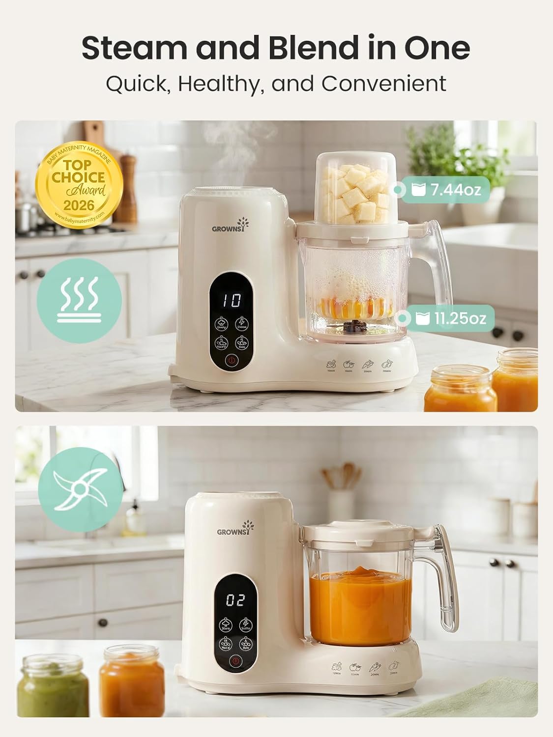 Grownsy Baby Food Maker with Dual-Layer Steam Basket | Baby Food Processor for Starting Solids & Babies 6+ Months | Steamer Blender & Puree Machine for Healthy Baby Food, BPA-Free,Black & Gold