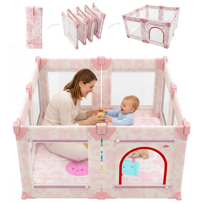 Baby Playpen for Babies and Toddlers, Upgraded 50x50 Inch Foldable No Assembly Required Play Yard with Breathable Mesh, Safe Playard with Gate, Indoor & Outdoor Infants Play Pen (1pc-Sand Checks)