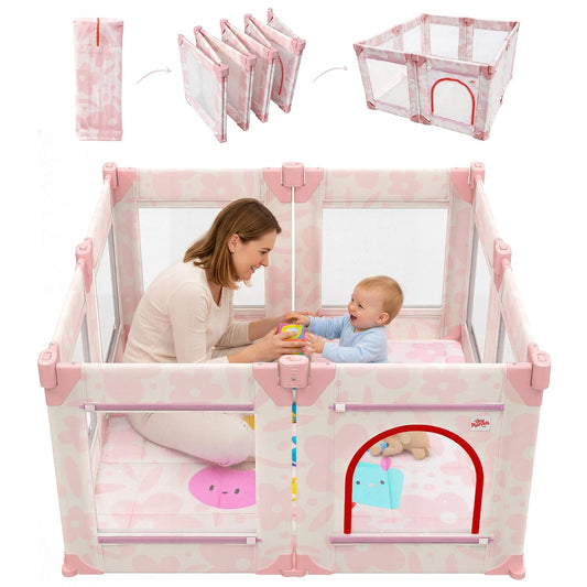 Baby Playpen for Babies and Toddlers, Upgraded 50x50 Inch Foldable No Assembly Required Play Yard with Breathable Mesh, Safe Playard with Gate, Indoor & Outdoor Infants Play Pen (1pc-Sand Checks)