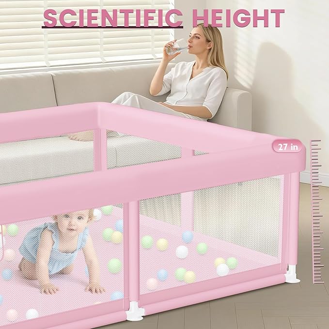 Hiaksedt Large Baby Playpen 50"x50" Baby Girl Play Pen for Babies and Toddlers, Safe Structure and Soft, Skin-Friendly Fabric with Zipper Gates Pink