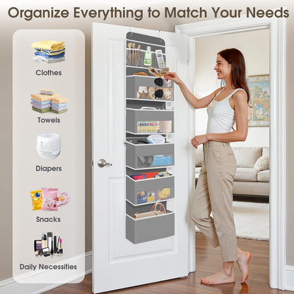 SpaceHacks 1 Pack Over The Door Organizer, Hanging Storage Organizer with Clear Window, 40lb Ultra Sturdy Large Capacity Room Organizer for Pantry Laundry Bathroom Nursery Closet Baby Essential (Grey)