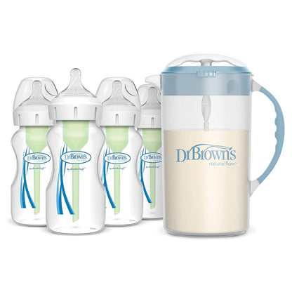 Dr. Brown's Baby Formula Mixing Pitcher 32oz, Blue with Anti-Colic Options+ Wide-Neck Baby Bottles, 4 Pack, 9 oz