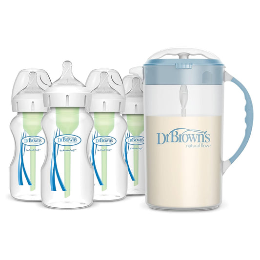 Dr. Brown's Baby Formula Mixing Pitcher 32oz, Blue with Anti-Colic Options+ Wide-Neck Baby Bottles, 4 Pack, 9 oz