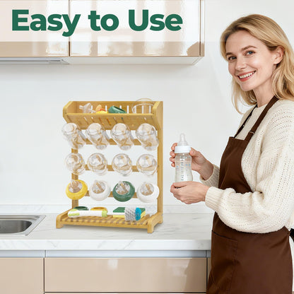 EsLuker.ly Baby Bottle Drying Rack Bamboo Vertical Dryer Holder, Space Saving for 12 Milk Glass Bottle Countertop, Wooden Drain Stand Shelf for New Parents