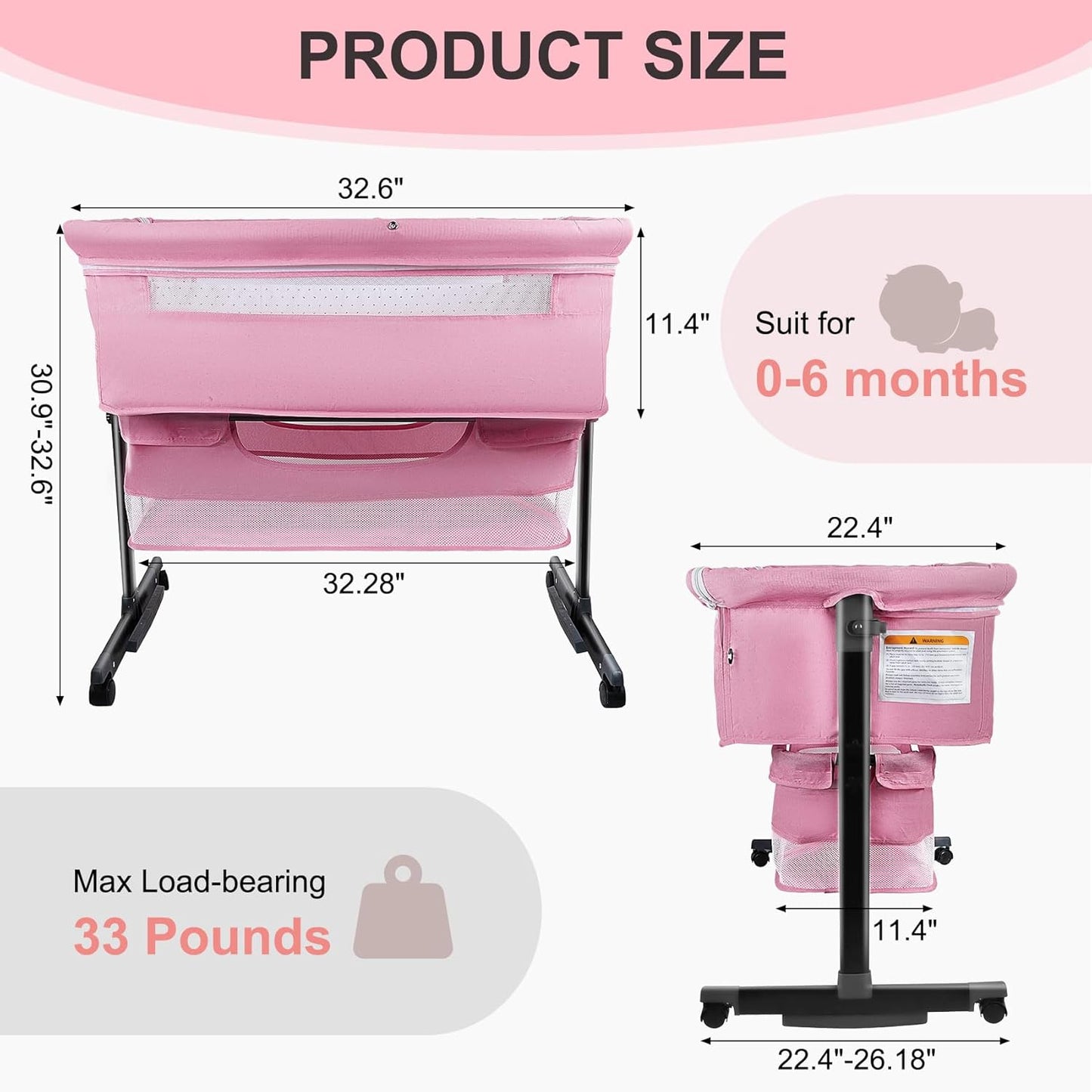 BIERUM Bassinet 4 in 1 - Bedside Bassinet for Baby, Height Adjustable Bassinet Bedside Crib with Lockable Wheels & Mosquito Nets, Large Storage Bag & Comfortable Mattresses Included.