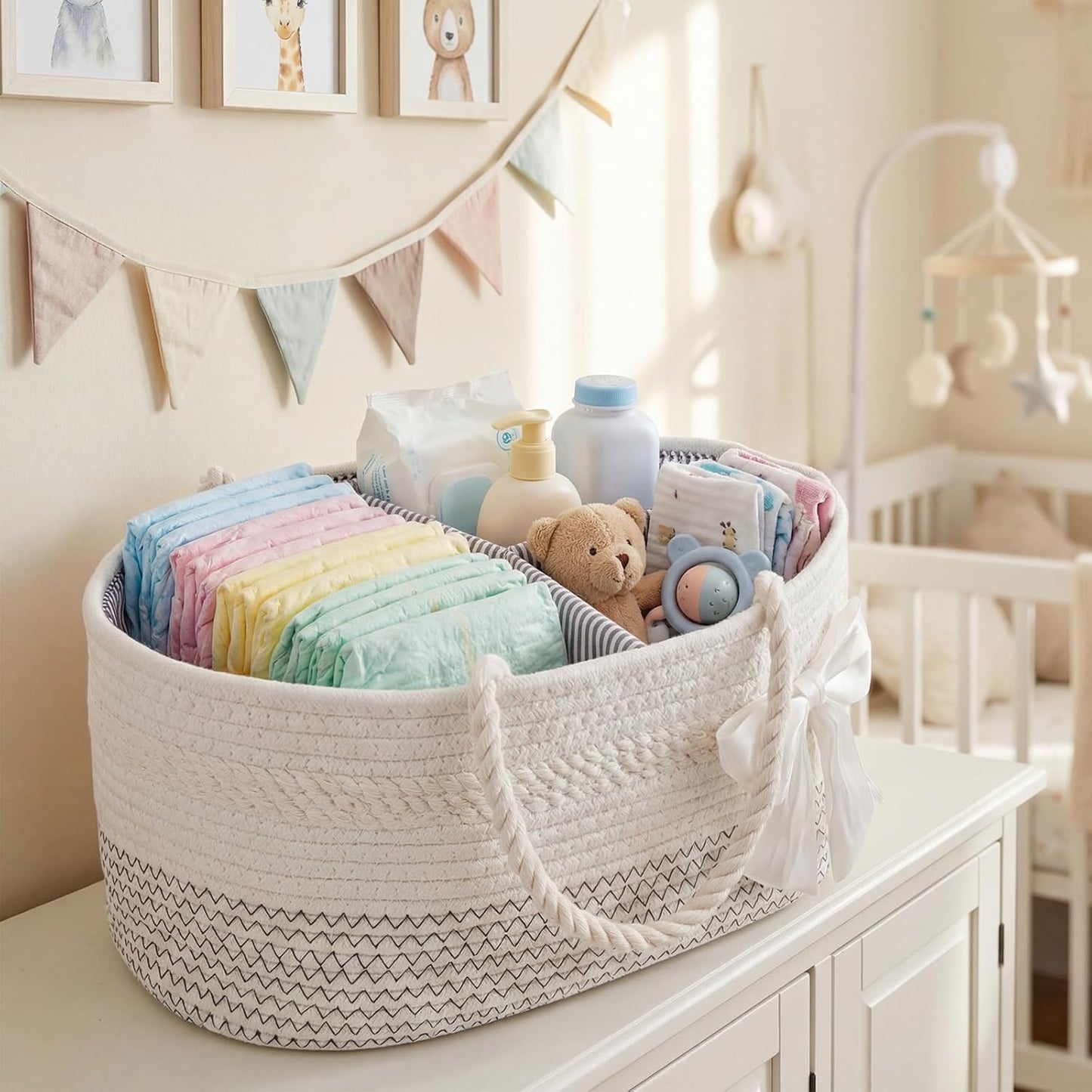 Zopeal Mother‘s Day Diaper Caddy Organizer Large Cotton Rope Baby Basket with Removable Divider Portable Nursery Storage for Diapers & Wipes Changing Table Organizer for Newborn Baby Shower Supplies