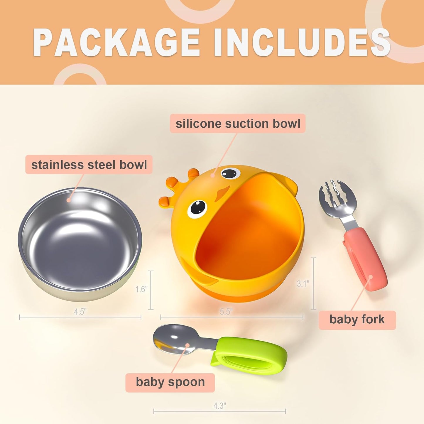 ENERGEVITY Suction Bowls Set for Baby Feeding，Silicone Suction Baby Bowl and Food-Grade 304 Stainless Steel Bowl with Fork and Spoon,Dishwasher Safe (Yellow Duck)