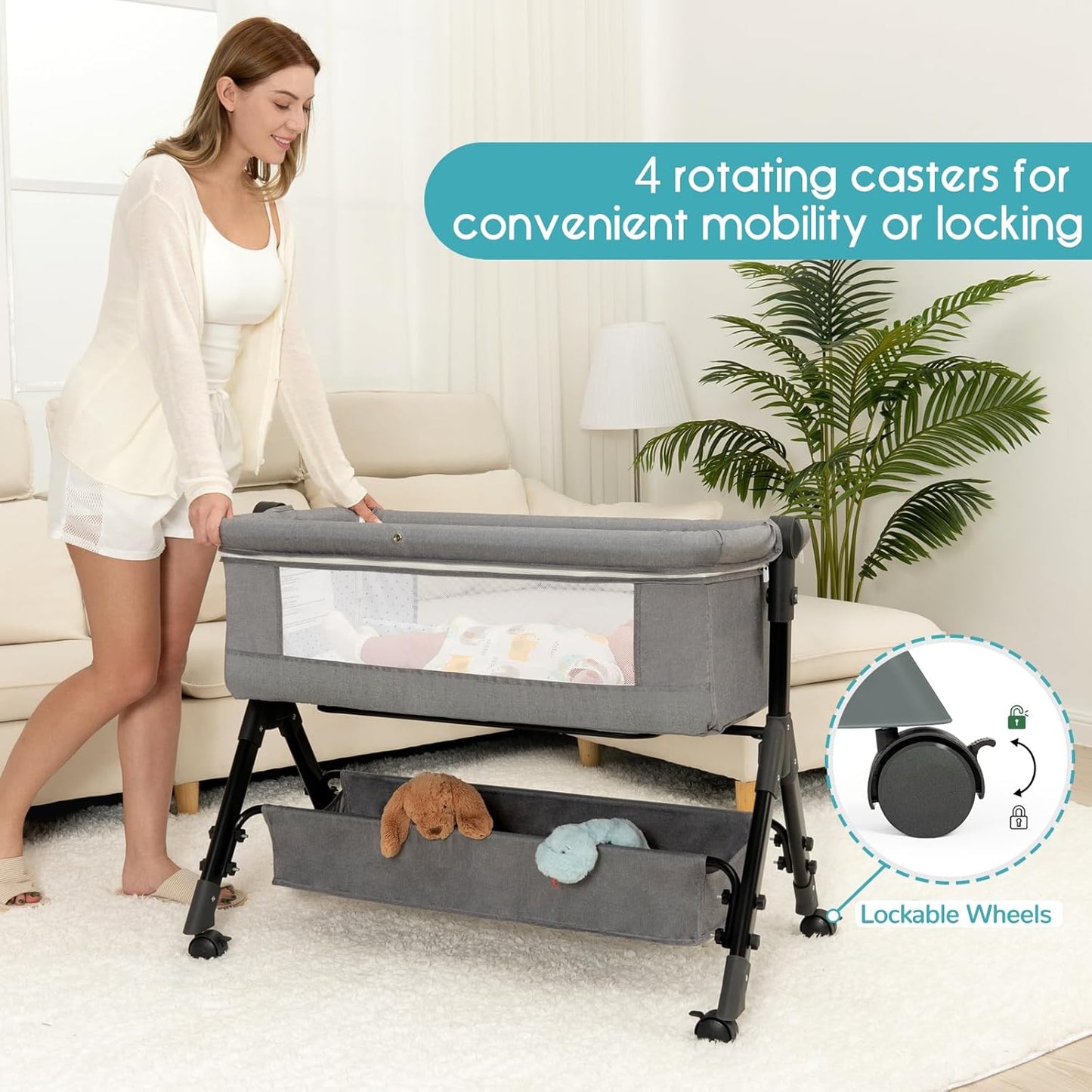 BCOL 3 in 1 Baby Bassinet Bedside Sleeper, Bedside Crib for Baby, Adjustable Baby Bassinet with Wheels, Storage Basket, Mattress, Easy Assemble & Folding Portable Baby Cradle (Grey)