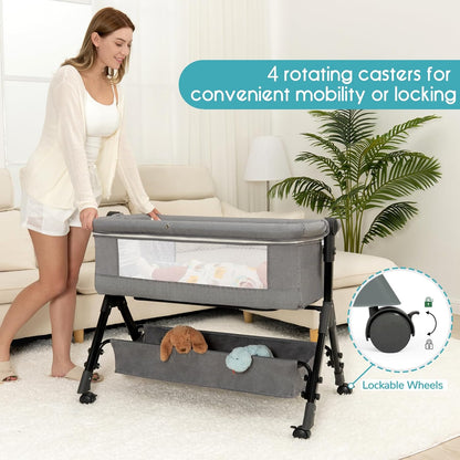 BCOL 3 in 1 Baby Bassinet Bedside Sleeper, Bedside Crib for Baby, Adjustable Baby Bassinet with Wheels, Storage Basket, Mattress, Easy Assemble & Folding Portable Baby Cradle (Grey)