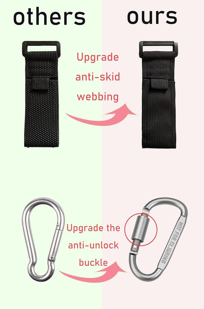 Baby Stroller Hook, Carry 30 lbs per Stroller Carabiner Clip, Adjustable Baby Stroller & Car Seat Hook for Hanging Diaper Bag, Wheelchair,Golf cart, Shopping and Pet Cart(2 Pcs Green Gold)