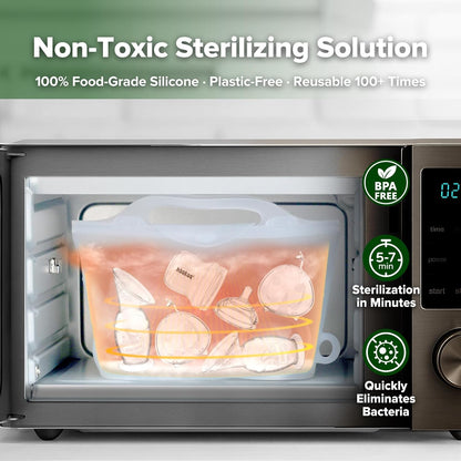 Haakaa On-The-Go Silicone Microwave Steam Sterilizer Bags for Travel, 40oz/1250ml Reusable Silicone Steaming Bags for Baby Bottles, Breast Pump, Accessories, Pacifiers, Teethers,Grey/1PC