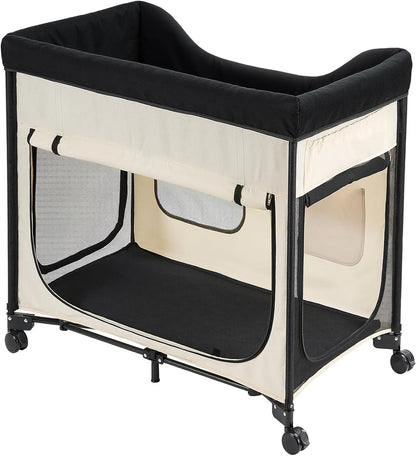 VEVOR Bedside Lounge Pet Bed, Foldable Bunk Dog Bed with 600D Oxford Cloth and Dutch Velvet, Portable Raised Cot with Wheels, Side Storage Bags, and Carry Bag for Cats & Dogs, L, Beige
