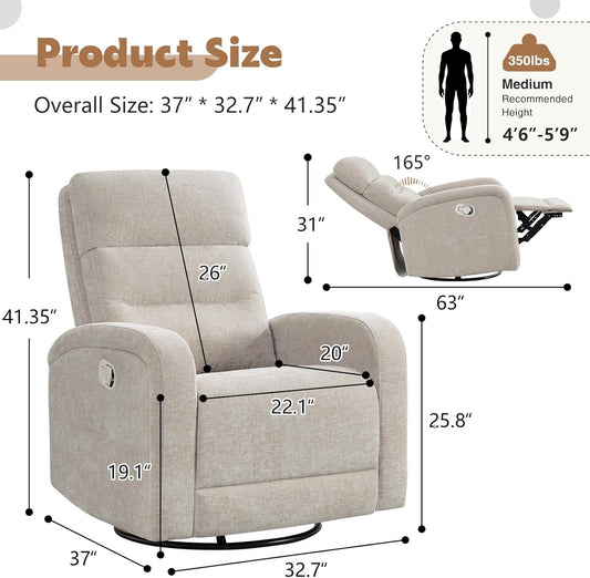 Swivel Rocker Recliner, Power Nursery Glider Recliner with Type-C & USB Port, Swivel Rocking Nursery Recliners with Double Pockets for Living Room Bedroom, Corduroy Cream White