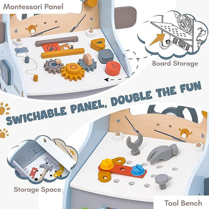 Giant bean 11-in-1 Wooden Baby Push Walker with Activity Center – Car Traffic Theme Shape Sorter Tool Bench, Steering Wheel Gears, Montessori Toy Gift for Toddler 1-3, Walking Toy Speed Adjustable