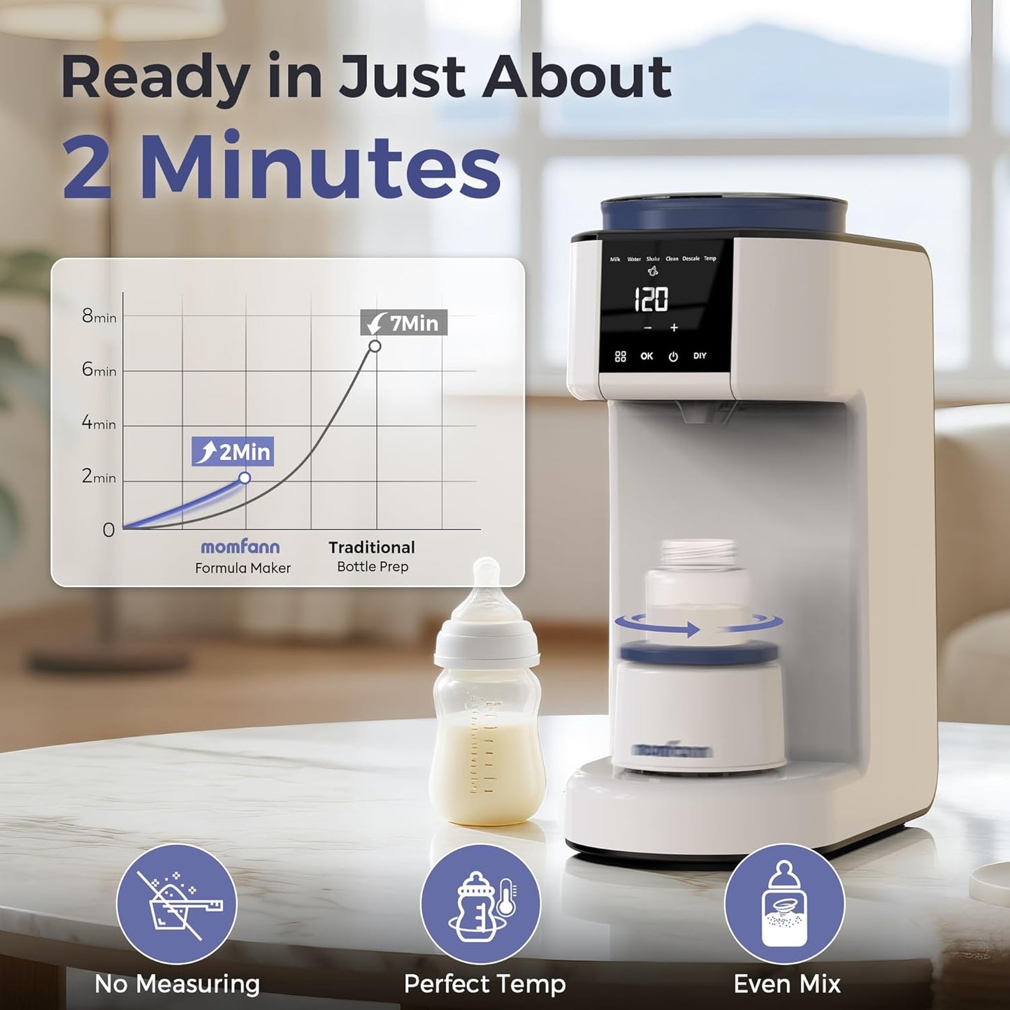 MOMFANN Automatic Baby Formula Maker – Fast Formula Dispenser for Instantly Mixing Warm Bottles with Precise Powder & Water Ratio, 3 Temp Settings, One-Touch Clean, Fits Most Bottles & Formula Brands