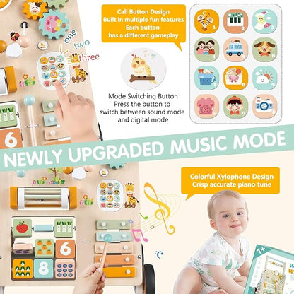 Wooden Baby Walker with Wheels, Push Walker with Baby Activity Center, Montessori Walking Toy for Girls Boys, Ajustable Speed & Height Activity Toy for Toddler Learning to Walk 12+ Months (Natural)
