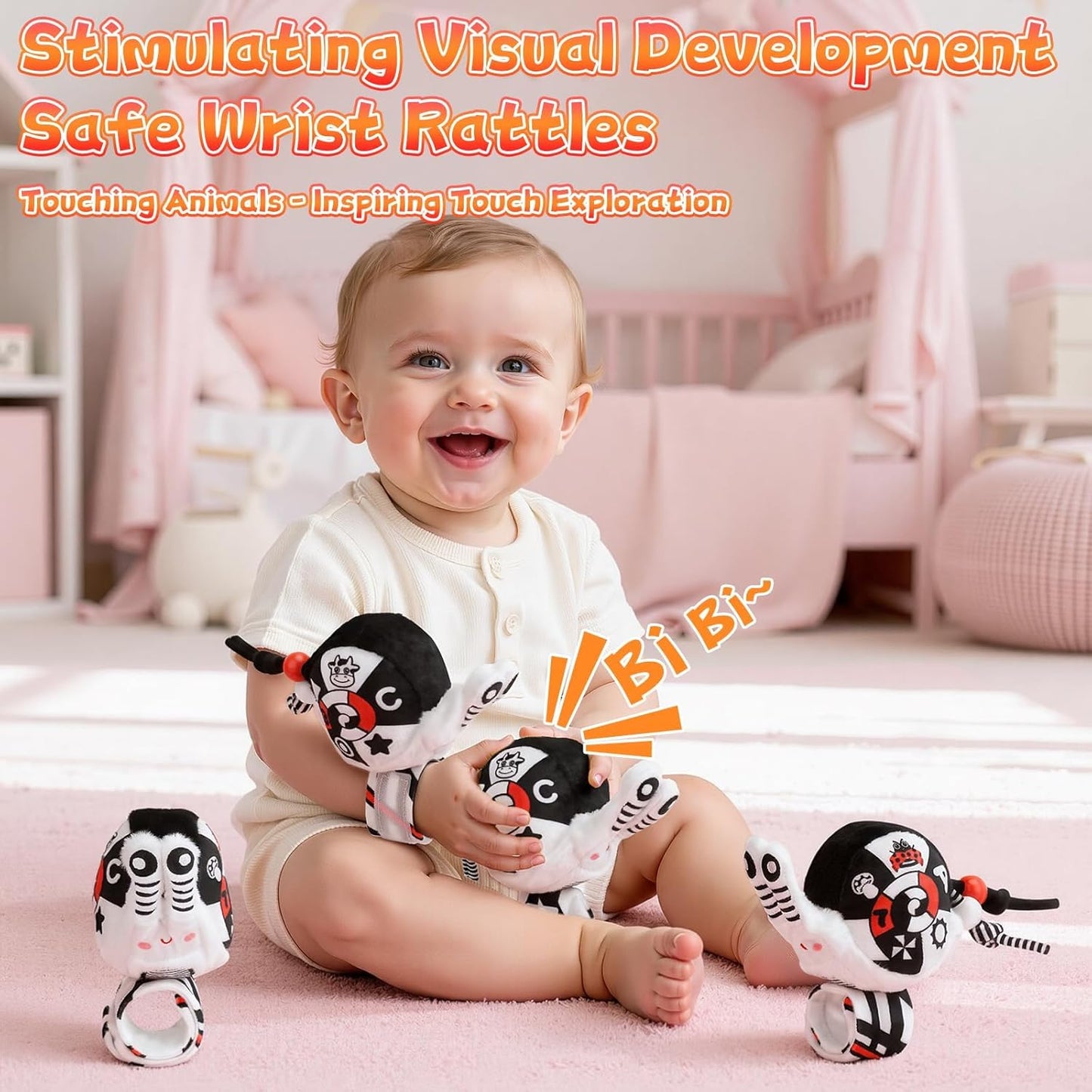 Car Seat Toys for Babies, 0-6 Months Stroller Activity Black White Baby Spiral Plush Toys Newborn High Contrast Sensory Carseat Toys with 4 Pendants Hanging Boys Girls Gift