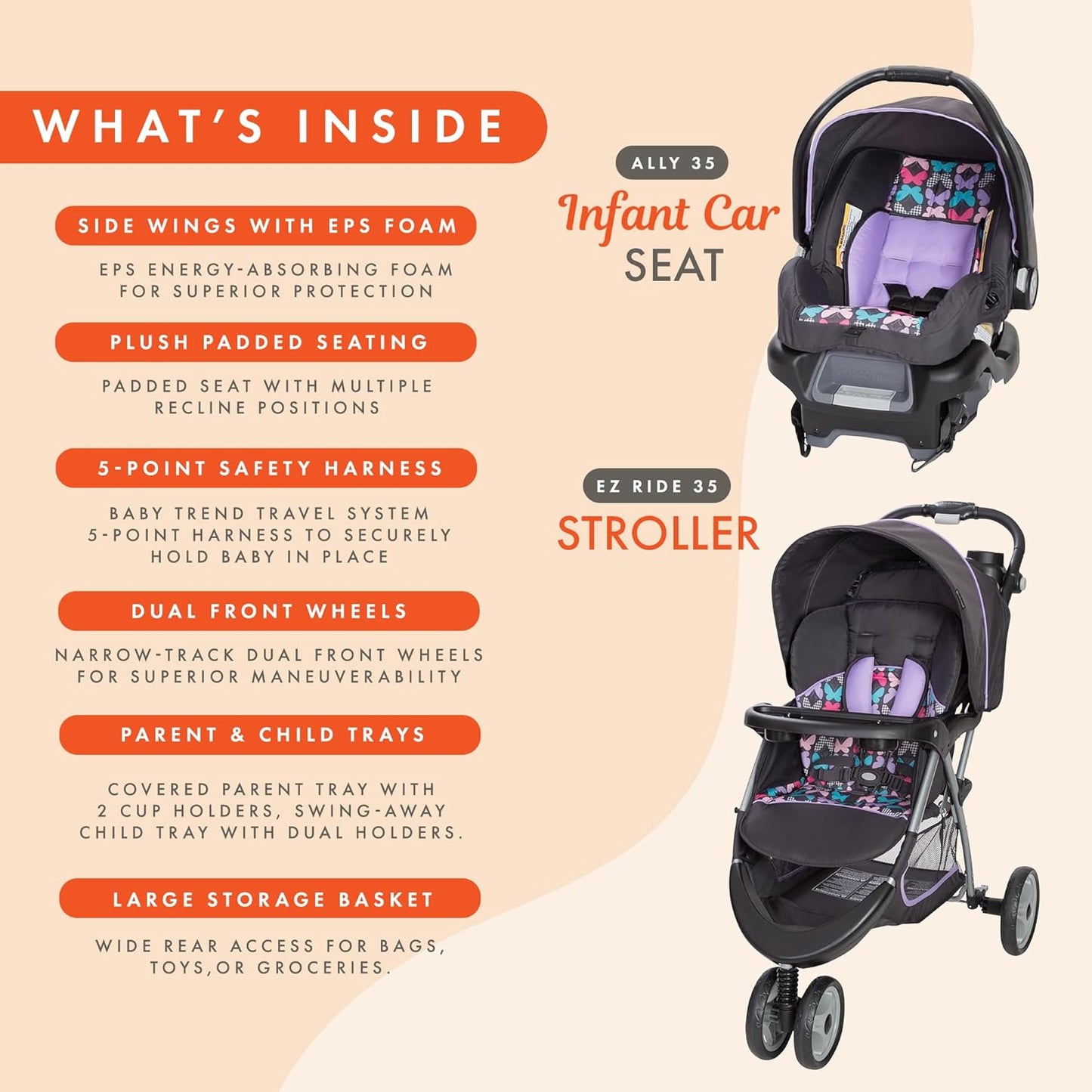 Baby Trend EZ Ride 35 Travel System, Stroller and Infant Car Seat Combo, Doodle Dots - Lightweight and Foldable Compact Design with One Hand Fold and Adjustable Handle