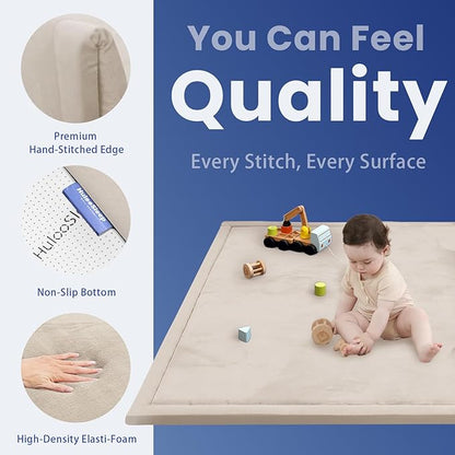 Huloo Sleep Baby Play Mat for Floor,1.3" Thick Memory Foam Tummy Time Mat,Soft Coral Velvet Nursery Rug,Extra Large Non Slip for Crawling,Toddlers,Infants,Kids,Tatami Style for Living Room(Beige)