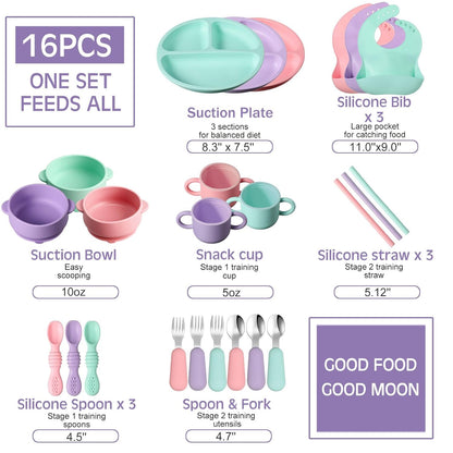 24 Pack Silicone Baby Feeding Set Baby LED Weaning Supplies Includes Suction Divided Plates Soft Bowl Spoons Forks Adjustable Bib Snack Cup and Straws(Gray Blue, Army Green, Beige)