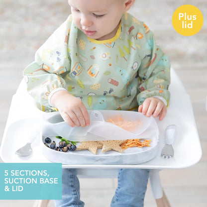 Bumkins Toddler and Baby Suction Plate, Divided Grip Dish for Babies and Kids, Baby Led Weaning, Feeding Supplies, Sticks to Tables and Highchairs, Platinum Silicone, for Chidren 6 Months, Gray