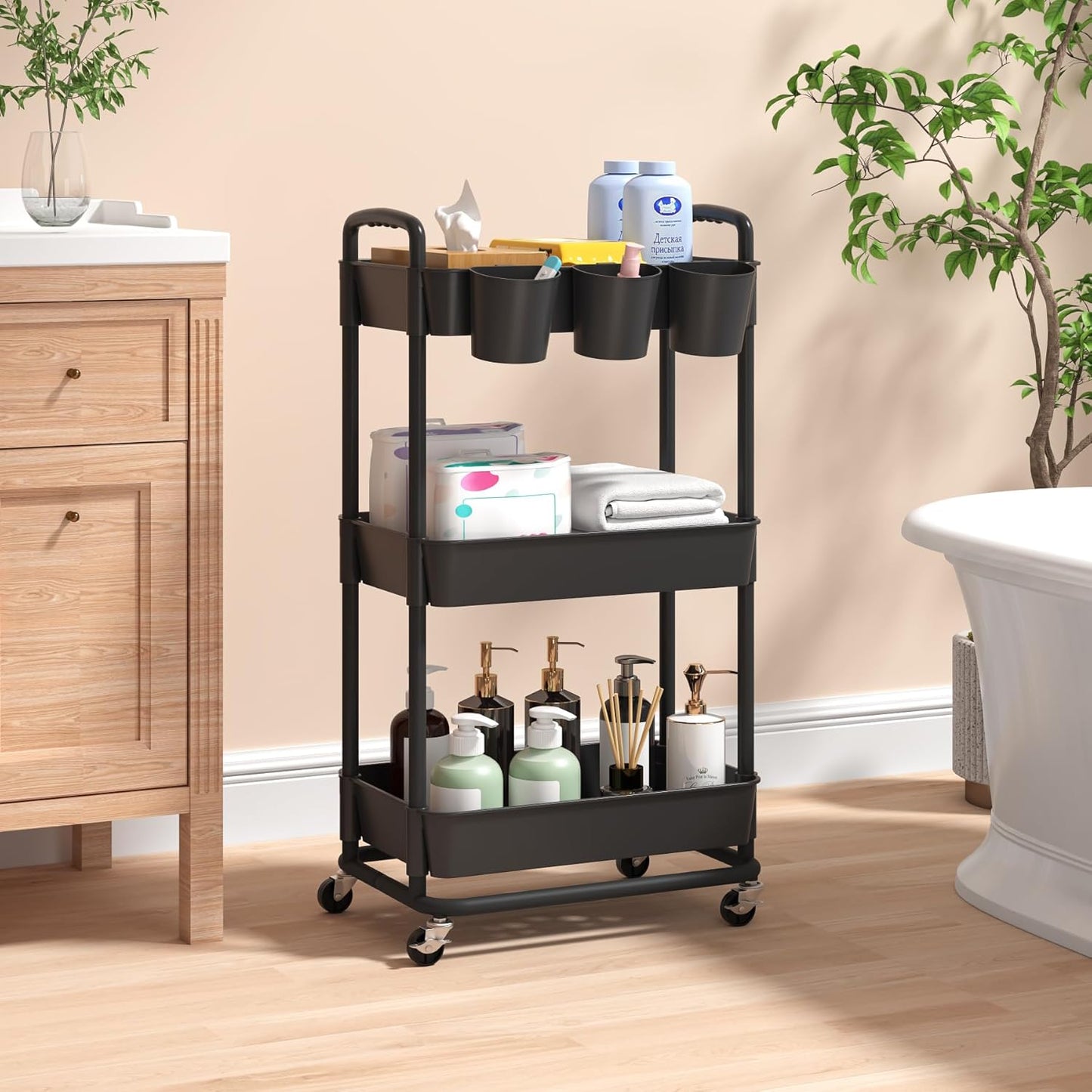 3-Tier Baby Diaper Caddy Organizer Cart with Locking Wheels & Hanging Cups - Rolling Storage Cart for Nursery, Changing Table, Baby Essentials,White