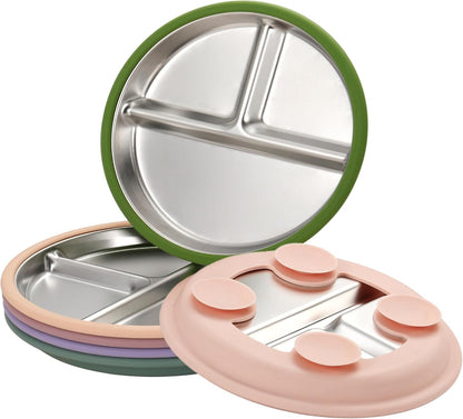 SPMKTQK 3Pack Sainless Steel Kids Plates with Suction, 8.1” Divided Toddler Baby Plates with Removable Silicone Sleeves BPA Free Non-Slip 2-in-1 Anti Breakage Metal Toddler Bowls