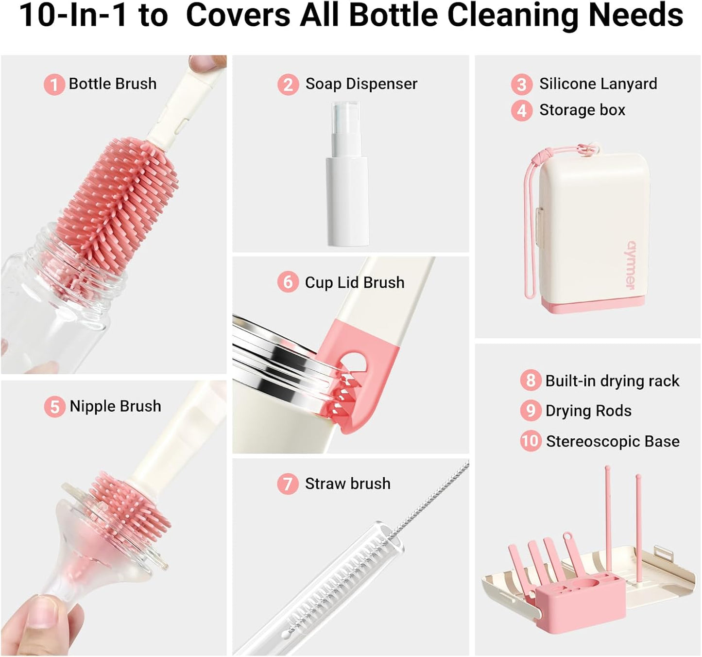 Aynmer Baby Bottle Brush, 10 in 1 Travel Baby Bottle Cleaner Brush Set with Silicone Brush, Nipple Brush, Straw Brush, Soap Dispenser, Portable Drying Rack, Breast Pump & Bottle Cleaning Kit - Pink