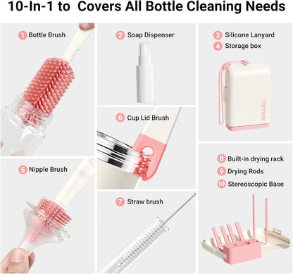 Aynmer Baby Bottle Brush, 10 in 1 Travel Baby Bottle Cleaner Brush Set with Silicone Brush, Nipple Brush, Straw Brush, Soap Dispenser, Portable Drying Rack, Breast Pump & Bottle Cleaning Kit - Pink