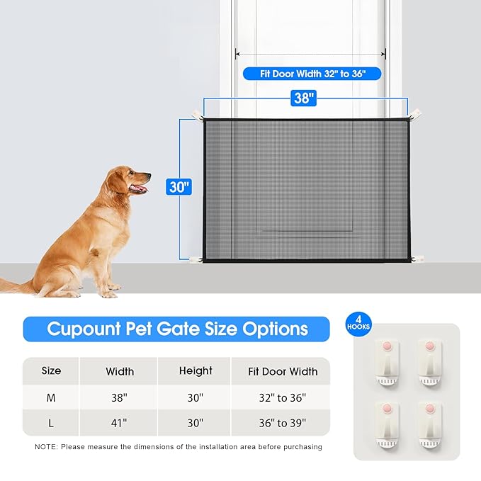 Cupount Mesh Baby & Dog Gate – 30" Tall, Fits Openings 32"–36" Wide – Indoor Mesh Pet Gate for Stairs, Doorways & Hallways (Black, 30" H x 38" W