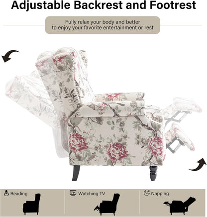 Swivel Rocker Recliner Chair, Manual Nursery Glider Recliner, Floral Fabric Wingback Accent Chair with Adjustable Backrest & Footrest for Small Spaces Living Room Bedroom (Plants Floral, Set of 1)