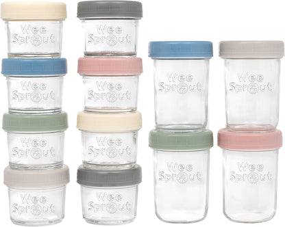 WeeSprout Glass Baby Food Storage Jars w/Lids (4 oz, 12 Pack Set) Snack, Puree, Reusable Small Containers, Breast Milk, Fridge or Freezer, Microwave & Dishwasher Safe, Essential Must Have for Infants