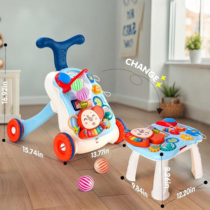 AuntyFey Baby Walker, 3 in 1 Push Walker for Baby Girls Boys, Baby Walking Toy for 1 Year Old Learning to Walk, Sit to Stand Baby Walker Push Toy for Girl 12 Months, Blue